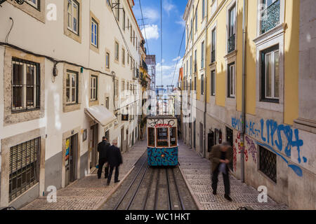 Elevador da Bica in Lisbon, Portugal. Opened in 1892, the funicular railway was constructed by Raoul Mesnier de Ponsard and is a National Monument. Stock Photo