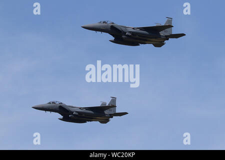 A pair of F-15E Strike Eagles from the 48th FW with a flypast at the 2019 Wattisham airfield families day. Stock Photo