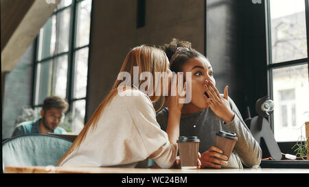 Portrait of two multiracial young colleagues gossiping and laughing as they sit in a cafeteria enjoying a cup of coffee. Horizontal shot Stock Photo