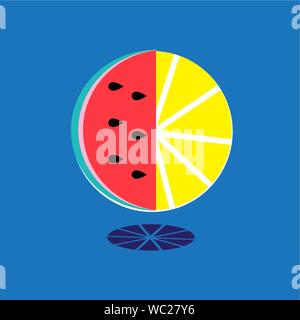 Vector sign watermelon slice and lemon on a blue background. Design for business card or poster. Stock Vector