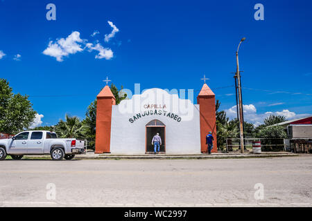 Chapel of San Judas Tadeo. daily life in the town of Esqueda, Sonora, Mexico. The community was founded in 1900 as a railway station by the leader of the revolutionary movement, Enrique Esqueda Orosco. Esqueda is a town in the Borders municipality located in the north of the Mexican state of Sonora, in the Sierra Madre Occidental region. (© Photo: LuisGutierrez / NortePhoto.com) Capilla de San Judas Tadeo.  vida cotidiana en el pueblo de Esqueda, Sonora, Mexico. La comunidad fue fundado en el año de 1900 como una estación de ferrocarril por el caudillo del movimiento revolucionario, Enrique Es Stock Photo