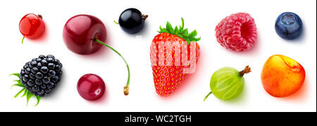 Assortment of different berries isolated on white background, flat lay, top view, fresh strawberry and blueberry, ripe cherry, raspberry, gooseberry a Stock Photo