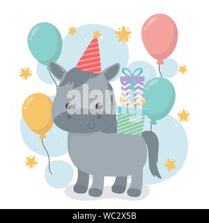 cute horse in birthday party scene vector illustration design Stock Vector