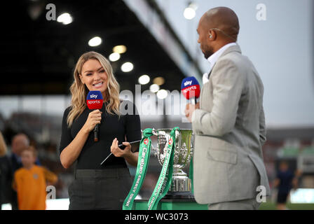 Sky Sports presenter Laura Woods with pundit Danny Gabbidon before the Carabao Cup Second Round match at Rodney Parade, Newport. Stock Photo