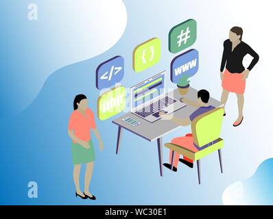 Isometric stale. Web dewelopment. Office concept business people vector illustration flat design. Digital technology concept. People character vector Stock Vector