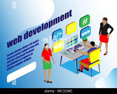 Isometric stale. Web dewelopment. Office concept business people vector illustration flat design. Digital technology concept. People character vector Stock Vector