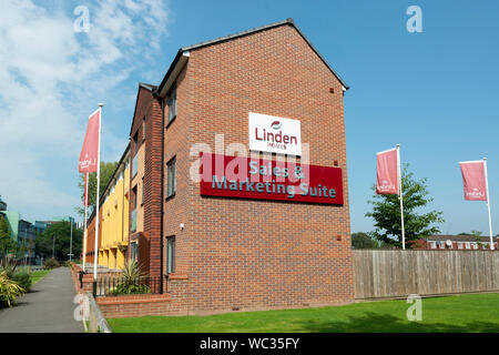 Signage indicating the sale of Linden Homes houses (part of Galliford Try) located in the Brunswick area of Manchester, UK. (Editorial use only). Stock Photo