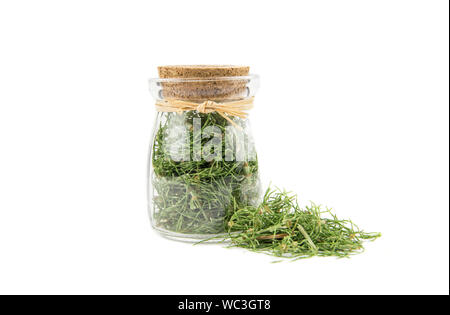 Pile of dried natural herbal medicine called Equisetum arvense the field horsetail or common horsetail isolated on white next to filled glass jar. Stock Photo