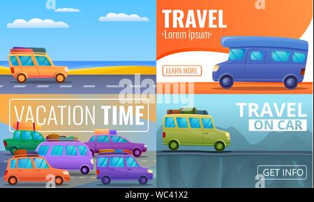 Travel family on car banner set. Cartoon illustration of travel family on car vector banner set for web design Stock Vector