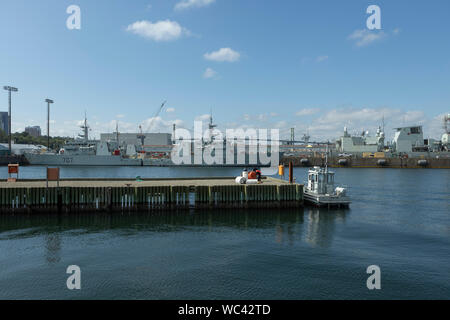 Coastal defence vessels HMCS Goose Bay (MM 707) and HMCS Glace Bay (MM 701) are seen at Maritime Force Atlantic (MARLANT) base in Halifax, Nova Scotia Stock Photo