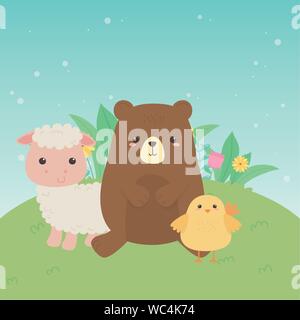 cute bear and sheep and chick animals farm characters vector illustration design Stock Vector