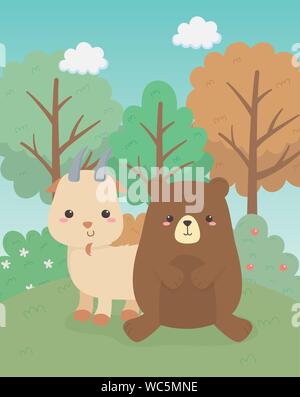 cute bear and goat animals farm characters vector illustration design Stock Vector