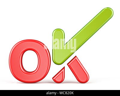 Word OK with green check mark Front view 3D render illustration isolated on white background Stock Photo