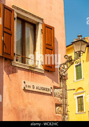 views of Lake Garda and Torres del Benaco in the Italian Lakes Stock Photo