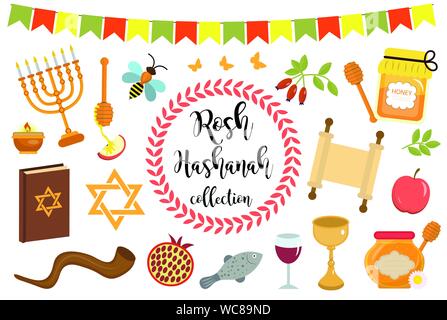 Rosh Hashanah icons set flat cartoon style. Jewish New Year Holiday element collection with Honey and apple, shofar, pomegranate, candles, torah Stock Vector