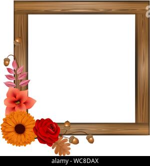 autumn square wooden frame with flowers and leaves Stock Vector