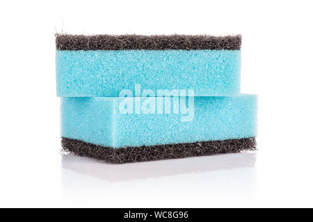 Group of two whole blue cleaning kitchen sponge isolated on white background Stock Photo