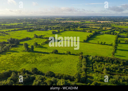 Aerial image of rural and typical lush green countryside of County Kildare in Ireland Stock Photo