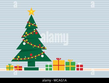 Christmas tree formed with green triangles adorned with red and orange circles with gift boxes on the floor on a gray background with white lines. Stock Vector