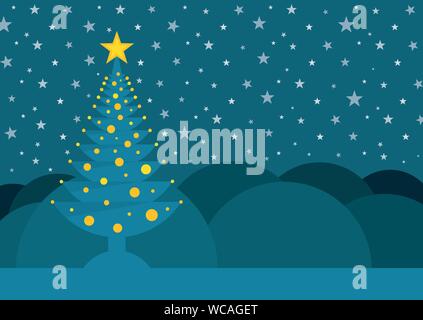 Blue Christmas tree with a star on the tip adorned with yellow circles on a background with mountains and a sky full of stars. Vector image Stock Vector