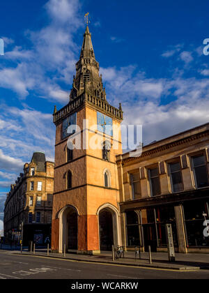 The Tron Theatre and Steeple at sunset from Argyle Street on July 20, 2017 in Glasgow. This building is a landmark at Trongate in the Merchant City ar Stock Photo