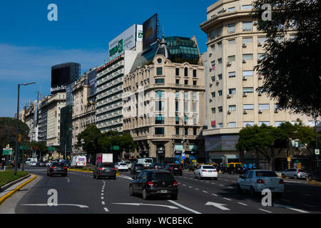 Buenos Aires, Argentina. August 19, 2019. View of July 9 Avenue (Avenida 9 de Julio). Buenos Aires Downtown, near the Obelisk Stock Photo