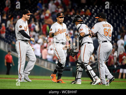 Washington DC, USA. 27th Aug, 2019. Members of the Baltimore Orioles celebrate their 2-0 win over the Washington Nationals, in Washington, DC on August 27, 2019. Photo by Kevin Dietsch/UPI Credit: UPI/Alamy Live News Stock Photo