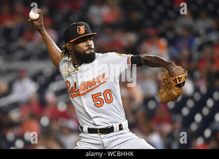 Washington DC, USA. 27th Aug, 2019. Baltimore Orioles relief pitcher Miguel Castro (50) pitches against the Washington Nationals in Washington, DC on August 27, 2019. Photo by Kevin Dietsch/UPI Credit: UPI/Alamy Live News