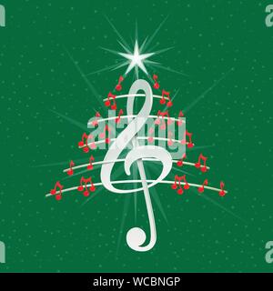 Christmas tree made of red musical notes, white treble clef and pentagram on green background with stars  - Vector image Stock Vector