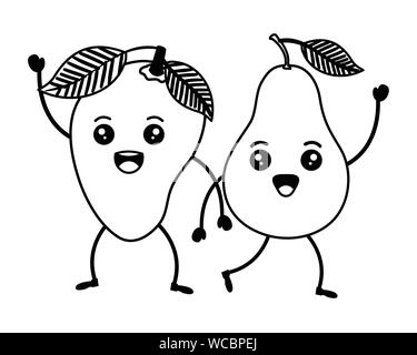 fresh mango and pear fruits kawaii characters Stock Vector