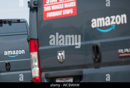 Amazon Prime delivery vehicles as seen in Euclid, Ohio on August 11, 2019. Stock Photo