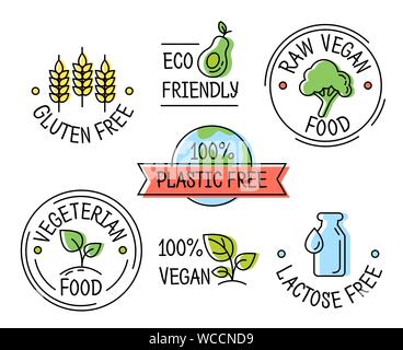 Set of line eco logo icons, gluten, plastic, lactose free labels, vegetarian food Stock Vector