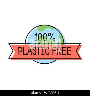 Plastic free product label logo line style with Earth and text, template for packaging, vector illustration Stock Vector