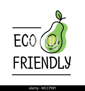 Eco friendly product label logo in line style with green avocado text, design template for packaging, vector illustration. Stock Vector