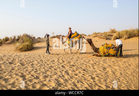 Woman on camel getting up desert sand dune Rajasthan India Asia MR#704J ...