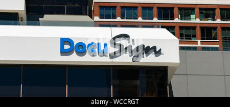 DocuSign sign and logo on facade of company headquarters building Stock Photo