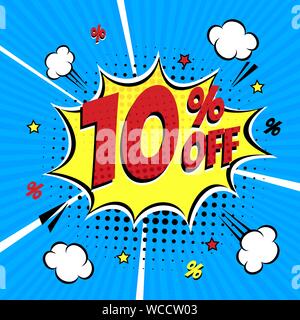 Comic lettering 10 percent off SALE in the speech bubble comic style flat design. Retro vintage pop art illustration isolated on rays background. Excl Stock Vector