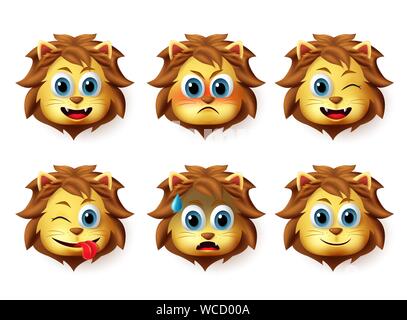 Lion animal emoticon vector set. Lion animals head emoji set with happy and funny face expression and emotion isolated in white background. Stock Vector