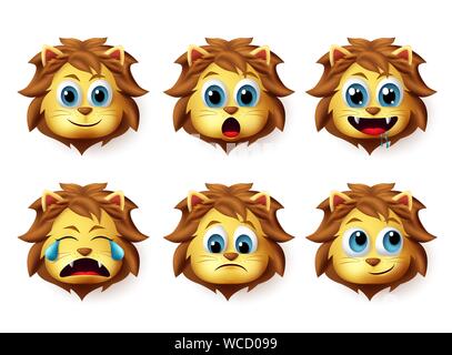 Lion animal emoticon vector set. Lions emoji and emoticon in cute happy facial expression isolated in white background. Vector illustration. Stock Vector