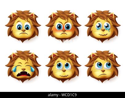 Lion animal emoji vector set. Cute emoji of lions face in sad and angry emotions and expressions isolated in white background. Vector illustration. Stock Vector