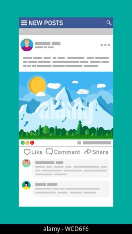 Social network interface template. News post frames pages on mobile device. Users comment on photo. Social resources application mock up. Vector illustration in flat style Stock Vector