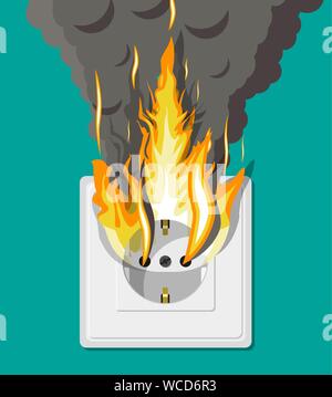 Electrical outlet on fire. Overload of network. Short circuit. Electrical safety concept. Wall socket in flames with smoke. Vector illustration in flat style Stock Vector