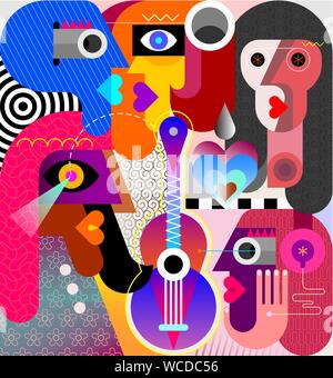 Five people and one guitar modern abstract art vector illustration. Woman wearing headphones. Stock Vector