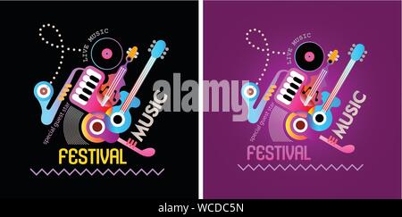 Two options of Music festival banner design. Vector illustration with musical instruments and text on a black and on a deep purple backgrounds. Stock Vector