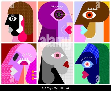 Six Faces, Facial Expressions modern art vector illustration. Composition of six different abstract portraits. Stock Vector