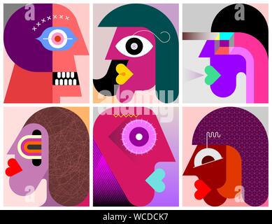 Six Faces, Facial Expressions modern art vector illustration. Composition of six different abstract portraits. Stock Vector