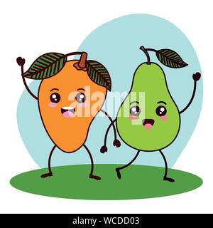 fresh mango and pear fruits kawaii characters Stock Vector