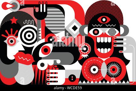 Crazy joyful woman and her friends vector illustration. Red, black and grey colors artwork. Stock Vector