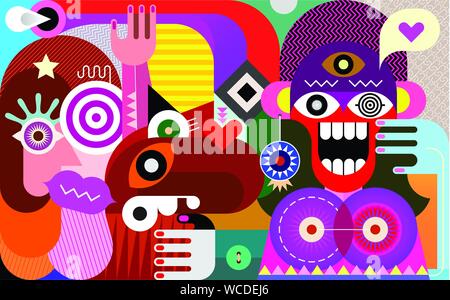 Joyful and surprised woman and her friends in the realm of fantasy vector illustration. Stock Vector