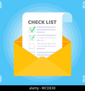 Open envelope with document paper sheet page check mark tick text icon sign vector checklist. Symbol of email confirmation, delivery, verification fla Stock Vector